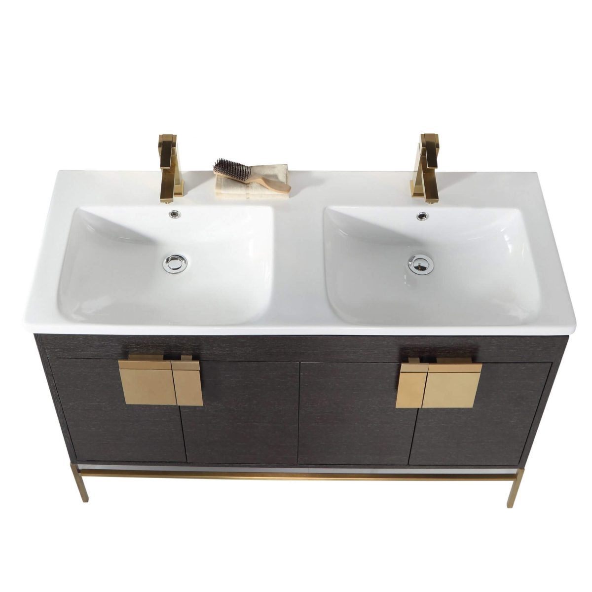 Shawbridge 48" Modern Double Bathroom Vanity  Black Oak Straight Grain with Satin Brass Hardware