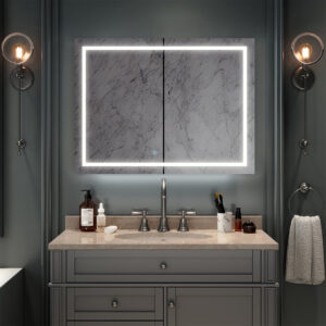 A modern vanity with marble top, double-handle faucet, soap dispenser, and toiletries sits beneath the Royale Plus 48 x 36 LED Lighted Mirror Medicine Cabinet; two exposed-bulb sconces flank it and a towel hangs on the right.