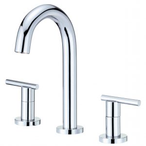 The Parma Two Handle Widespread Bathroom Faucet boasts a modern chrome finish, a high-arching spout, and sleek cylindrical handles for hot and cold water control. The elegant design is showcased against a plain white background.