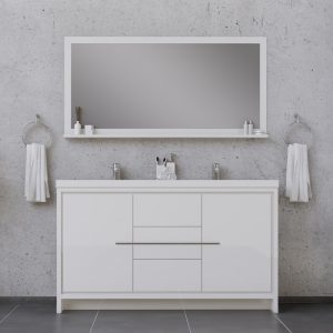 Explore the contemporary elegance of the Sortino 60 inch Double Bathroom Vanity in White, featuring sleek cabinets and a large rectangular mirror. Silver faucets and minimalistic decor enhance its appeal against gray tiled floors and concrete walls for a modern, sophisticated look.