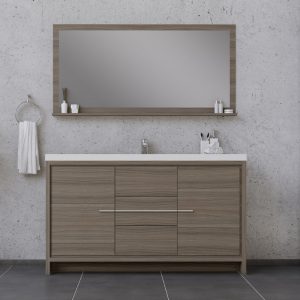 The Sortino 60-inch Single Bathroom Vanity With Sink, in gray, showcases a modern design with a large rectangular mirror. It has a wood-finish cabinet with central drawers and side storage. The sleek sink is paired with small items, and a towel hangs on the left against the grey-tiled floor and wall.