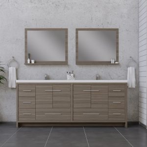 This modern bathroom showcases the Sortino 84 Inch Double Bathroom Vanity with Sink - Gray, featuring a sleek wooden design beneath two rectangular mirrors, two sinks with silver faucets on each side, and circular holders for towels against gray tiles and concrete walls.