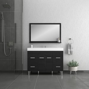 The sleek bathroom includes the Ripley 48 Inch Modern Bathroom Vanity With Sink - Black and a white rectangular basin. A large mirror sits above, with a towel ring to the right. Gray tiles cover the walls and floor, while a shower is positioned on the left.