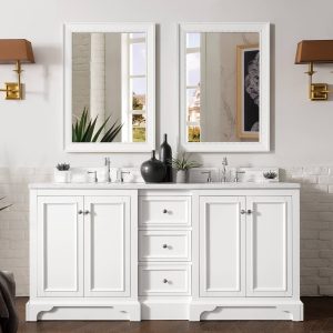 An elegant bathroom showcases a De Soto 72-inch Double Bathroom Vanity in Bright White, accompanied by two rectangular mirrors. Brown wall sconces flank the mirrors, potted plants add charm, while a decorative ladder in the corner and brick and plaster walls enhance the aesthetic.