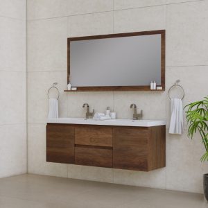 Paterno 60 inch Double Wall Mount Bathroom Vanity With Sink - Rosewood with a large rectangular mirror.Two white towels hang on silver rings, and small toiletries are placed on the countertop. A potted plant is on the right, against beige tiled walls.
