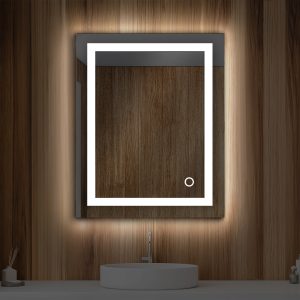 A modern bathroom showcases the Lyra 24 x 30 Inch LED Mirror on a wood-paneled wall. Beneath it, a round white sink with a silver faucet enhances the design. A small plant and container bring a natural touch to the countertop.