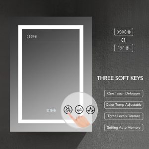 The Asta 24 inch LED Lighted Medicine Cabinet offers a sleek rectangular smart mirror with a digital clock, temperature display, one-touch defogger, adjustable color temperature, three dimming levels, auto memory settings, and a convenient finger-friendly defogger icon.