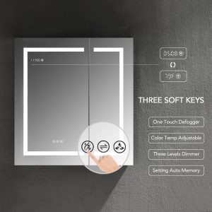 The Asta 30 LED Lighted Medicine Cabinet, a wall-mounted smart mirror, combines elegance and functionality with touch controls, a digital clock, temperature display, soft keys, one-touch defogger, adjustable color temperature, three-level dimmer, and auto memory setting.