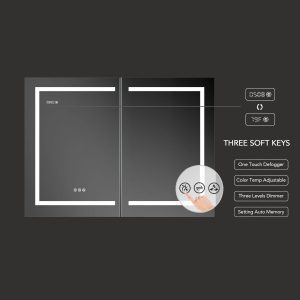 Discover the innovative Asta 48 inch LED Lighted Medicine Cabinet with a digital display, reflecting time and temperature. It features a seamless touch interface, one-touch defogger, adjustable color temperature, three-level dimmer, and auto memory settings.