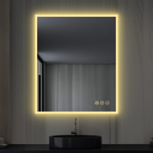 A bathroom showcases a Beta 30x36 LED mirror with frosted sides, paired with a black circular sink and sleek metallic faucet. The light wood-paneled wall enhances the modern and minimalist aesthetic.