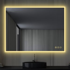The contemporary bathroom features the Beta 48 inch x 36 inch LED Lighted Mirror emitting a yellow glow. Below, a sleek black circular sink with a silver faucet is highlighted against dark wood paneling, accompanied by a narrow vertical window.