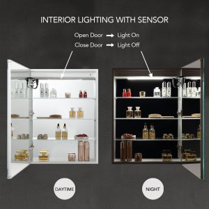 Two images show the Pillar 20 Inch LED Lighted Medicine Cabinet with sensor lighting. Left: Door open, lights on, revealing toiletries. Right: Nighttime, door closed, lights off. Arrows highlight light activation for enthusiasts seeking functional elegance.