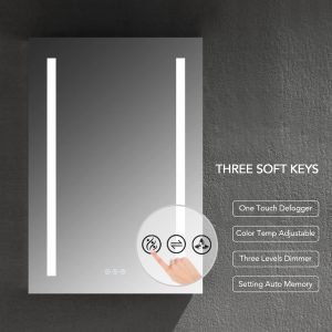 The Pillar 20 Inch LED Lighted Medicine Cabinet features a sleek design with a rectangular mirror and vertical LED lights. It includes a one-touch defogger, adjustable color temperature, three-level dimmer, and auto memory setting. A graphic shows a hand touching the mirror to activate these features.