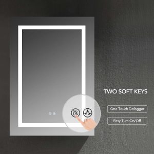 A rectangular mirror with an illuminated white border is on a grey wall. Below, a finger points to icons for defogging and power. Text reads: Two Soft Keys: One Touch Defogger, Easy Turn On/Off—part of the Vega 24 Inch LED Medicine Cabinet collection.