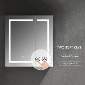 The Vega 30 Inch LED Medicine Cabinet features an illuminated border and two touch-sensitive buttons. It includes a One Touch Defogger and Easy Turn On/Off, combining convenience and modern design.