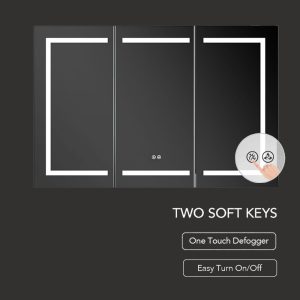 The Vega 48 Inch LED Medicine Cabinet features a sleek black touch-screen panel with three sections outlined in white, and two highlighted buttons: One Touch Defogger and Easy Turn On/Off. A hand interacts with the panel, merging technology and convenience seamlessly.