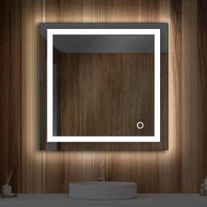 A modern bathroom features the Lyra 30 x 30 Inch LED Mirror on a wooden wall, illuminating a white circular sink. Warm wood tones enhance the cozy ambiance.