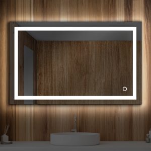 The Lyra 48 x 30 Inch LED Mirror, featuring illuminated borders, hangs on a wood-paneled wall. Below it sits a white circular sink with a silver tap, reflecting the rooms consistent wooden wall texture.