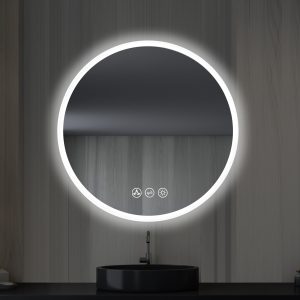 A modern bathroom features the Orion 24 inch Round LED Mirror with Frosted Side, beautifully backlit on a wooden wall. Below, a sleek black sink with a minimalist faucet complements the touch-sensitive icons for lighting and other functions on the mirror.