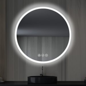 A modern bathroom features the Orion 32-inch Round LED Mirror with a frosted side and backlighting above a sleek black sink and metallic faucet. The mirror includes a touch interface with three icons, set against vertical wood paneling in the background.
