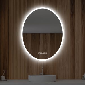 The Oval 24 Inch LED Mirror with touch controls decorates a wooden wall. Below, a white circular sink with a silver faucet complements the design. A small white container and diffuser on the counter complete the serene minimalist setting.