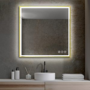 A contemporary bathroom displays a Stellar 36 Inch LED Light Bathroom Mirror on a textured grey wall. Below, a round white basin features a sleek black faucet, surrounded by soap dispensers and a reed diffuser. Neatly folded towels sit on the wooden countertop.