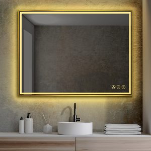 A contemporary bathroom features a Stellar 48 Inch LED Light Bathroom Mirror with a warm yellow backlight. Below it, a white circular sink on a light wood countertop is flanked by a soap dispenser and stacked towels against gray walls.