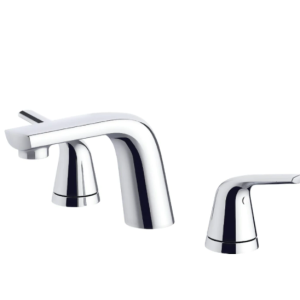 The Lemora Two Handle Widespread Lavatory Faucet features a sleek, curved spout with two matching handles, designed for contemporary bathrooms. Its minimalist design and chrome finish provide a polished, reflective look on white sinks.