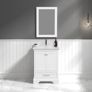 A minimalist bathroom includes a sleek Copenhagen 24-inch Bathroom Vanity in Matte White with a Carrara Marble Top. A rectangular mirror hangs above, against gray walls with white wainscoting. On the right is a geometric pendant light, and elegant marble tiles grace the floor.