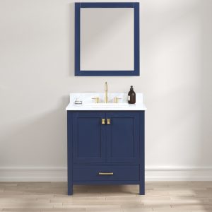 The Geneva 30 navy blue vanity features a dark blue cabinet and pristine Carrara marble countertop. It pairs with a matching blue-framed rectangular mirror, adorned by a gold faucet and contrasting black and white soap dispensers for added elegance.