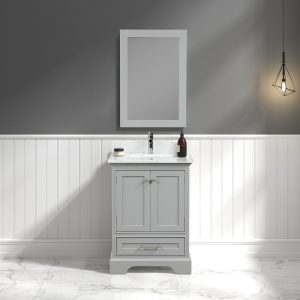 The Copenhagen 24 Bathroom Vanity in metal gray, featuring a Carrara marble top with a square mirror, exudes modern elegance. Enhanced by a side-hanging pendant light, it is complemented by white paneling and marble tile flooring for a stylish decor.