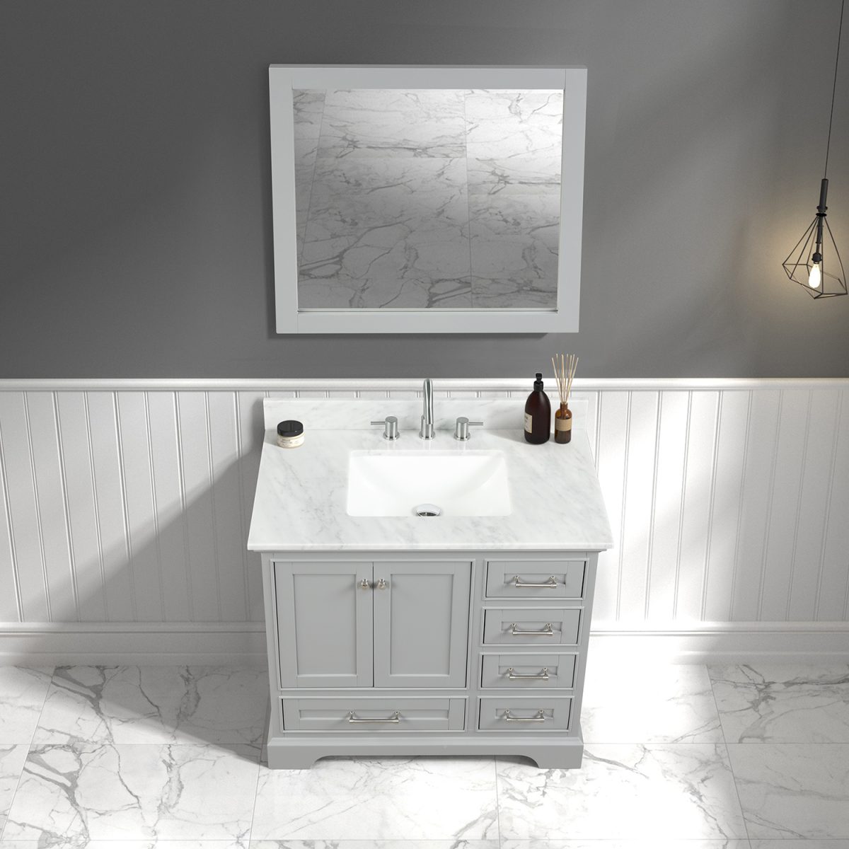 Copenhagen 36 inch Bathroom Vanity Metal Gray With Carrara Marble Top