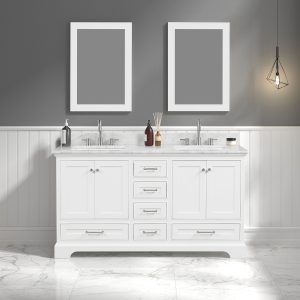 In a modern bathroom, a Copenhagen 60-inch matte white double-sink vanity with Carrara marble top sits against a gray wall. Above it hang two blank, white-framed mirrors. A geometric pendant light is to the right. The floor boasts elegant white marble with light gray veins.