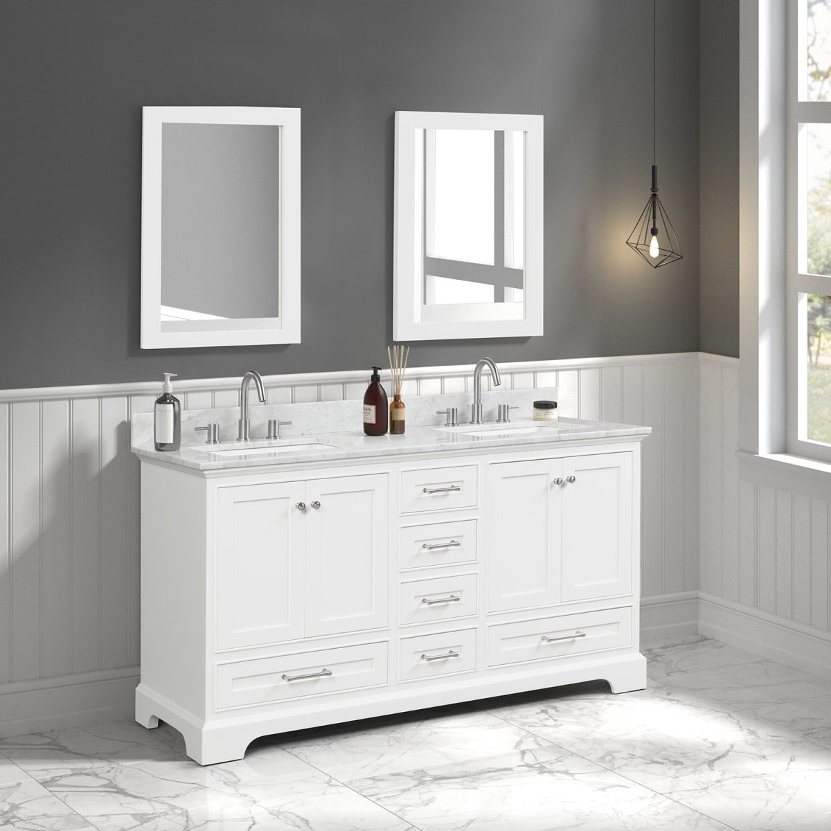 Copenhagen 60 inch Double Bathroom Vanity Matte White With Carrara Marble Top
