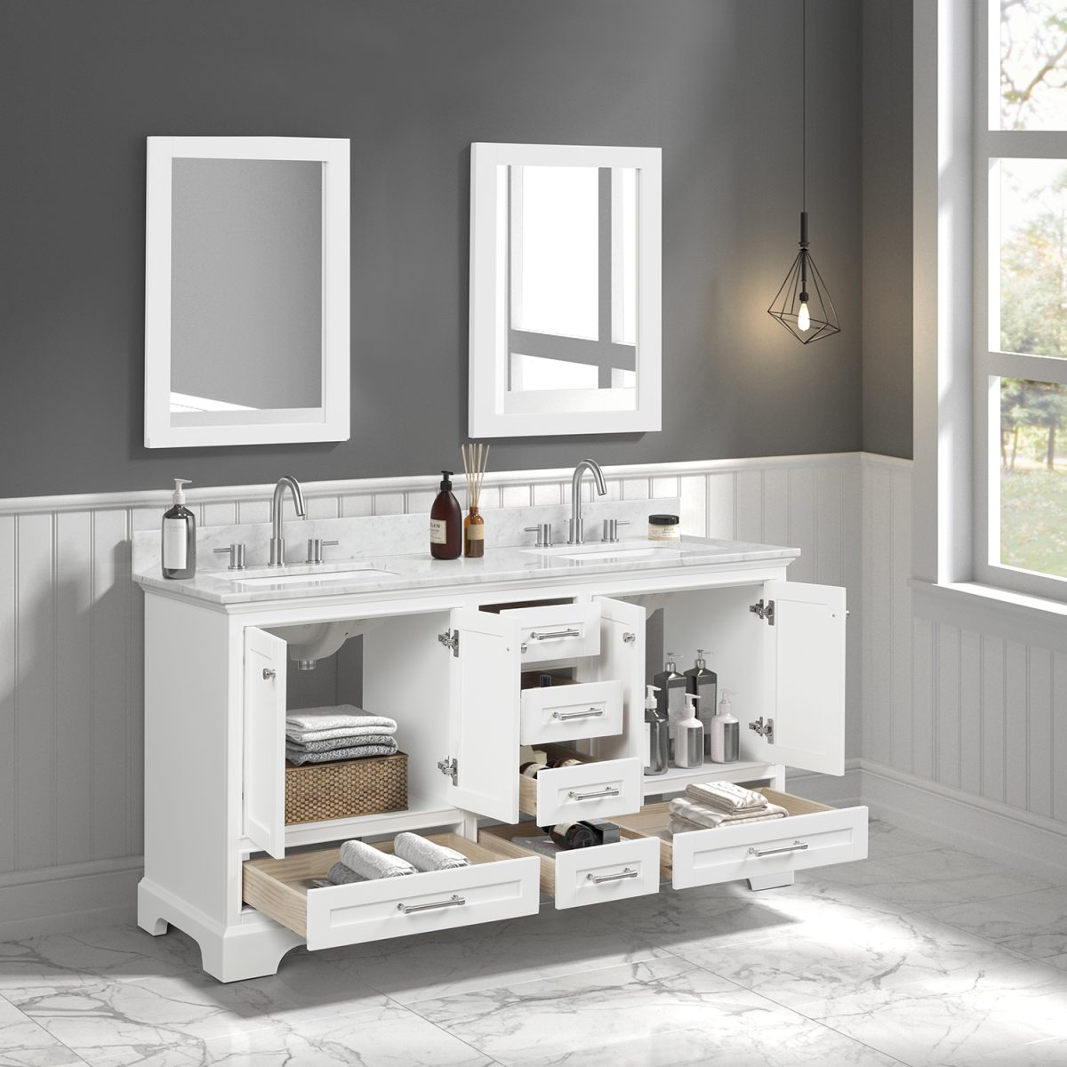 Copenhagen 60 inch Double Bathroom Vanity Matte White With Carrara Marble Top