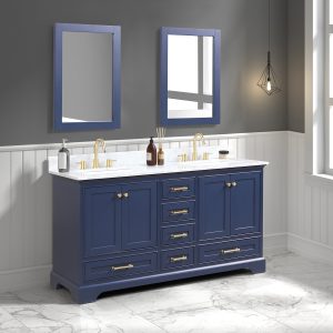 The elegant bathroom features a Copenhagen 60-inch double vanity in navy blue with a Carrara marble top and gold fixtures. Two rectangular mirrors enhance the style, while a small hanging light warms the white wainscoting and marble flooring.