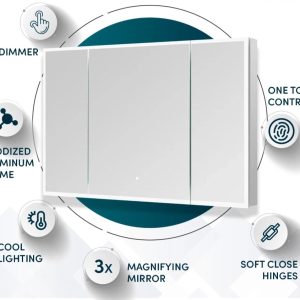 The Edge Royal 48 Inch LED Lighted Mirror 3 Door Medicine Cabinet features dimmer controls, an anodized aluminum frame, cool lighting, a 3x magnifying mirror, one-touch operation, and soft close hinges.