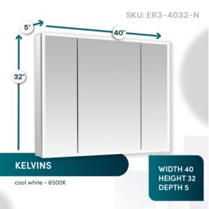 The Edge Royal 40 Inch LED Lighted Mirror Medicine Cabinet (SKU: ER3-4032-N) measures 40W x 32H x 5D and features sleek, modern style with cool white 6500K lighting—perfect as a stylish medicine cabinet addition.