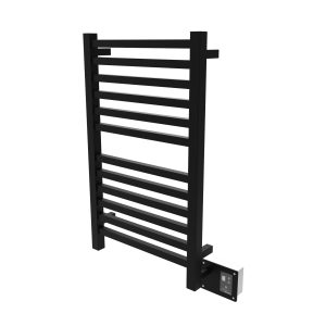 The Quadro Q2132 12 Bar Hardwired Towel Warmer in Matte Black features horizontal bars and a bottom-right control panel for convenient wall-mounted use.