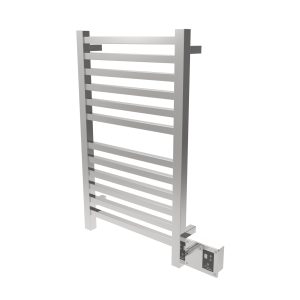 The Quadro Q2132 12 Bar Hardwired Towel Warmer in Polished is a sleek, wall-mounted unit with horizontal bars and a control panel at the bottom right, keeping your towels warm and ready whenever you need them.