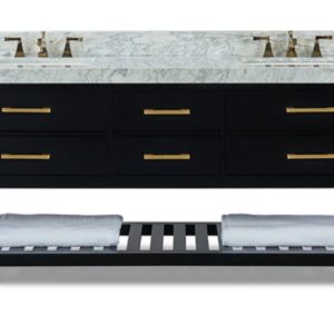 The Elizabeth 72 in. Bath Vanity Set in Black Onyx features a white and gray marble countertop, a black double-sink design, six drawers with gold handles, and an open slatted shelf beautifully displays two folded white towels.