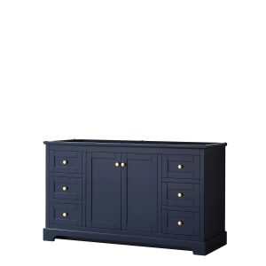 The Avery 60 Inch Single Bathroom Vanity Cabinet in Dark Blue resembles a sideboard, with a central cabinet and two doors flanked by three drawers on each side. Each door and drawer features a small golden knob, standing elegantly against a plain white background.
