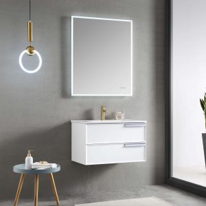 A modern bathroom features a lit mirror above the Sofia 30 inch Wall Mount Vanity in Matte White. A round gold pendant light dangles from the ceiling, illuminating a small round table with toiletries.