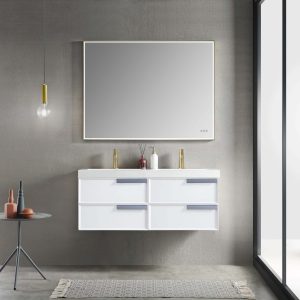 A modern bathroom features the Sofia 48 inch Double Wall Mount Bathroom Vanity in Matte White, topped with a large rectangular mirror and four drawers. A gray rug lies beneath, while a small table on the left holds decor under a pendant light. Large right-side windows fill the space with natural light.