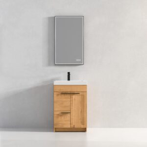 A minimalist bathroom features the Hanover 24 inch Bathroom Vanity With Sink, which has a light wood cabinet, white countertop, black faucet, and a large rectangular mirror on a plain light gray wall.