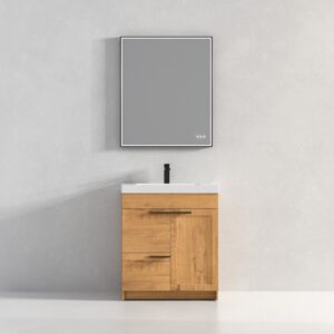 A minimalist bathroom features the Hanover 30 inch Bathroom Vanity With Sink, combining a light wood cabinet, white countertop, black faucet, and a large rectangular mirror against a plain light gray wall.