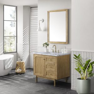 Laurent 36" Bathroom Vanity In Light Natural Oak With Carrara Marble Top