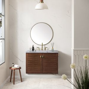 Amberly 36" Bathroom Vanity In Mid-Century Walnut With Carrara Marble Top