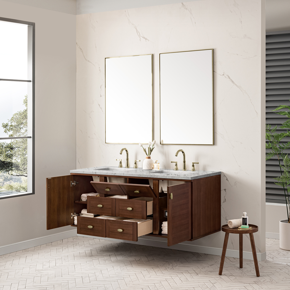 Amberly 60" Double Vanity In Mid-Century Walnut With Eternal Jasmine Pearl Top