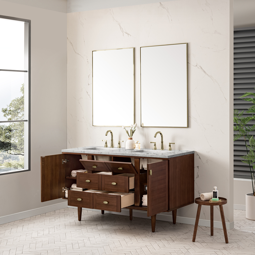 Amberly 60" Double Vanity In Mid-Century Walnut With Eternal Jasmine Pearl Top